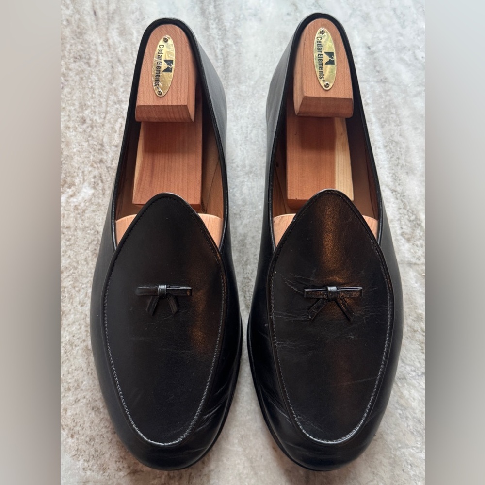 BELGIAN SHOES HENRI BLACK LEATHER SLIPPERS BOW TIE 11 MOCCASINS MOC LOAFERS